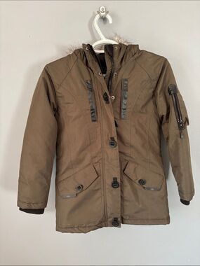 Kids Hooded Brown Puffer Coat with Zip & Button Front